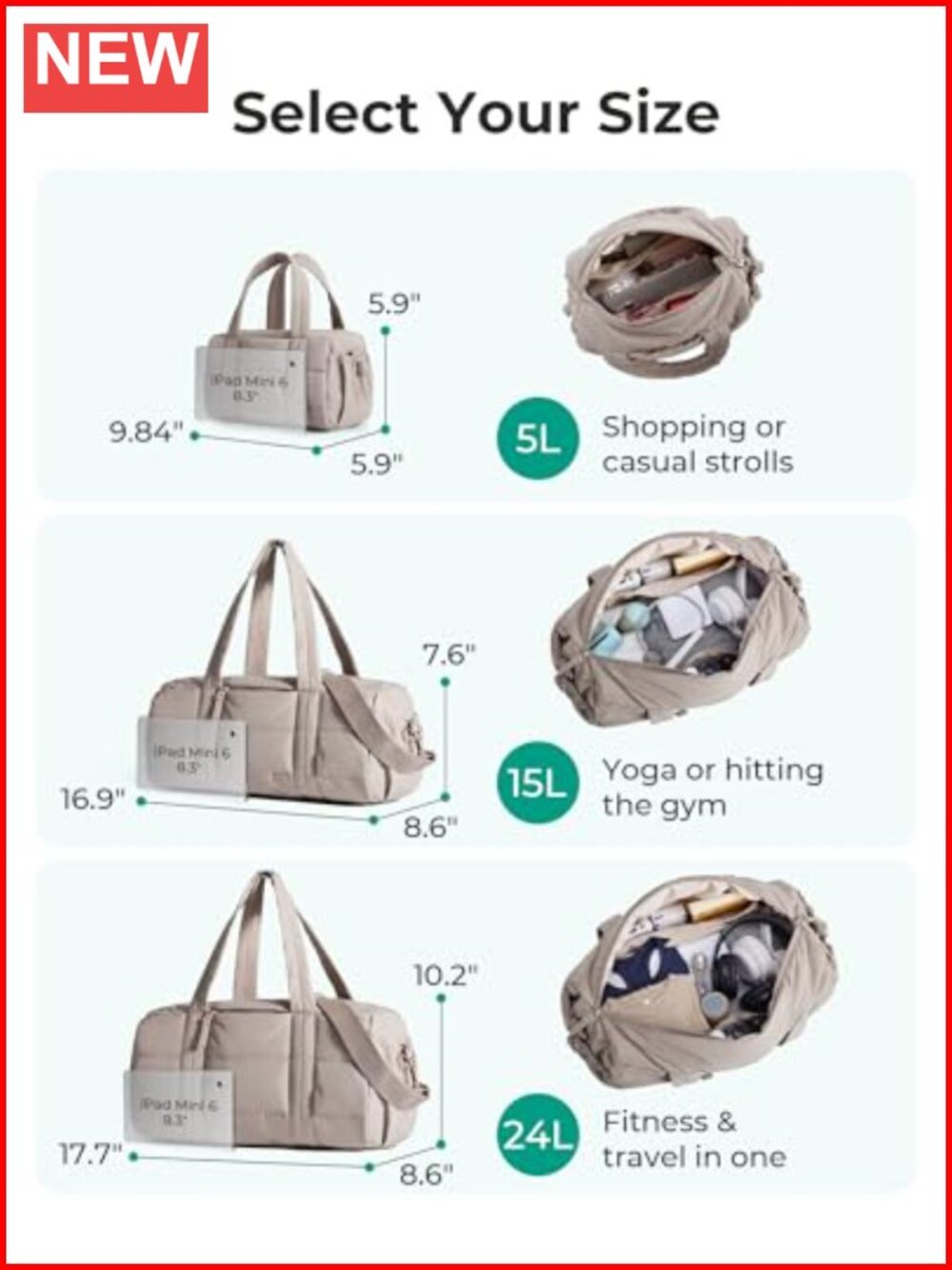 Quilted Gym Bag With Yoga Mat Straps, Wet-Dry Pocket, Travel Duffel View 2